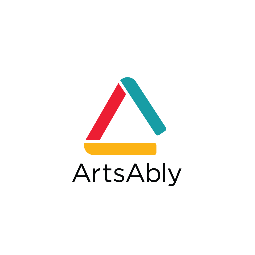 A triangular logo in teal, red and dark yellow with the word ArtsAbly underneath in Bold